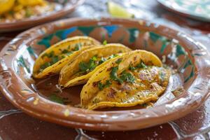AI generated Mexican tacos with beef, tomatoes, onions and others on white background photo