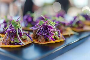 AI generated Mexican tacos with beef, tomatoes, onions and others on white background photo