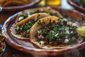 AI generated Mexican tacos with beef, tomatoes, onions and others on white background photo