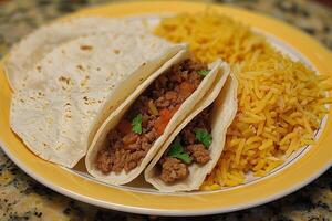 AI generated Mexican tacos with beef, tomatoes, onions and others on white background photo