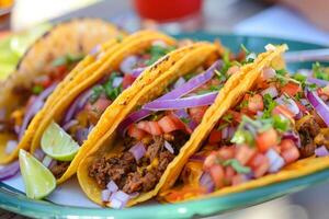 AI generated Mexican tacos with beef, tomatoes, onions and others on white background photo