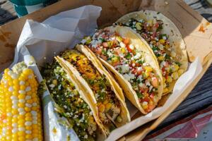 AI generated Mexican tacos with beef, tomatoes, onions and others on white background photo