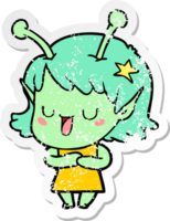 distressed sticker of a happy alien girl cartoon png