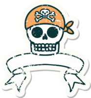 worn old sticker with banner of a pirate skull png