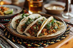 AI generated Mexican tacos with beef, tomatoes, onions and others on white background photo