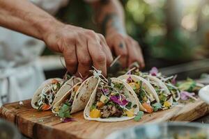 AI generated Mexican tacos with beef, tomatoes, onions and others on white background photo