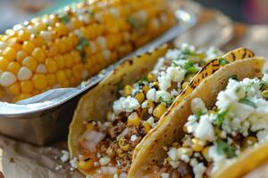 ai generado mexicano tacos con carne de res, Tomates, cebollas y otros en blanco antecedentes foto