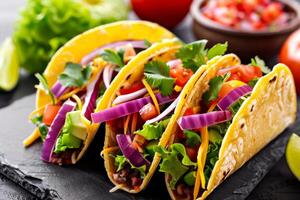 AI generated Mexican tacos with beef, tomatoes, onions and others on white background photo