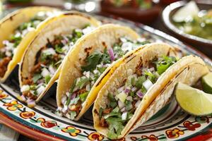 AI generated Mexican tacos with beef, tomatoes, onions and others on white background photo