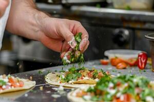 AI generated Mexican tacos with beef, tomatoes, onions and others on white background photo