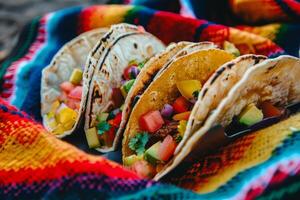 AI generated Mexican tacos with beef, tomatoes, onions and others on white background photo