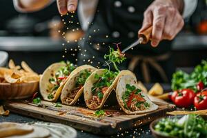 AI generated Mexican tacos with beef, tomatoes, onions and others on white background photo