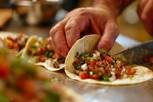 AI generated Mexican tacos with beef, tomatoes, onions and others on white background photo