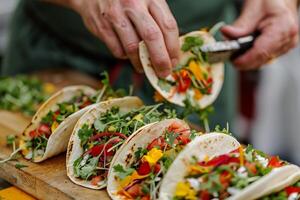 AI generated Mexican tacos with beef, tomatoes, onions and others on white background photo