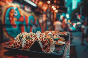 AI generated Mexican tacos with beef, tomatoes, onions and others on white background photo