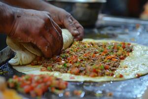 ai generado mexicano tacos con carne de res, Tomates, cebollas y otros en blanco antecedentes foto