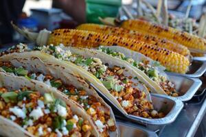 ai generado mexicano tacos con carne de res, Tomates, cebollas y otros en blanco antecedentes foto