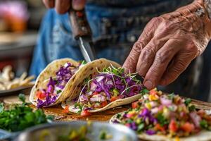 ai generado mexicano tacos con carne de res, Tomates, cebollas y otros en blanco antecedentes foto