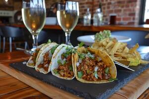 AI generated Mexican tacos with beef, tomatoes, onions and others on white background photo