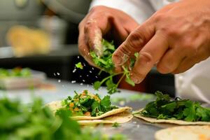 AI generated Mexican tacos with beef, tomatoes, onions and others on white background photo