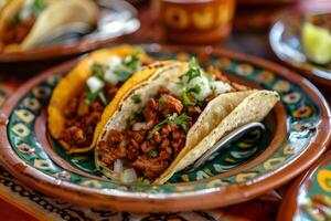 AI generated Mexican tacos with beef, tomatoes, onions and others on white background photo