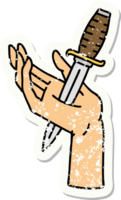 distressed sticker tattoo in traditional style of a dagger in the hand png