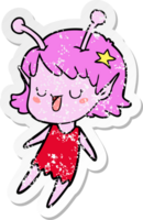 distressed sticker of a happy alien girl cartoon png