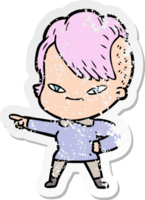 distressed sticker of a cute cartoon girl with hipster haircut png