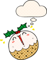 cute cartoon christmas pudding with thought bubble in comic book style png