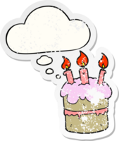 cartoon birthday cake with thought bubble as a distressed worn sticker png