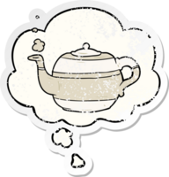 cartoon teapot with thought bubble as a distressed worn sticker png