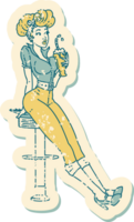 Distressed Sticker Tattoo im traditionellen Stil eines Pinup-Mädchens, das einen Milchshake trinkt png