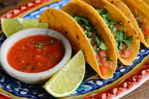 AI generated Mexican tacos with beef, tomatoes, onions and others on white background photo