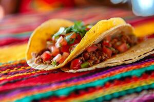 ai generado mexicano tacos con carne de res, Tomates, cebollas y otros en blanco antecedentes foto