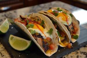 AI generated Mexican tacos with beef, tomatoes, onions and others on white background photo