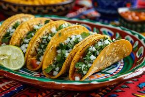 ai generado mexicano tacos con carne de res, Tomates, cebollas y otros en blanco antecedentes foto