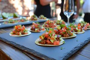 ai generado mexicano tacos con carne de res, Tomates, cebollas y otros en blanco antecedentes foto