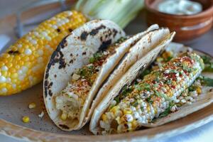 ai generado mexicano tacos con carne de res, Tomates, cebollas y otros en blanco antecedentes foto