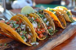 AI generated Mexican tacos with beef, tomatoes, onions and others on white background photo