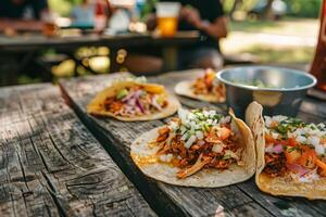 AI generated Mexican tacos with beef, tomatoes, onions and others on white background photo