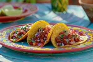 AI generated Mexican tacos with beef, tomatoes, onions and others on white background photo