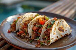 AI generated Mexican tacos with beef, tomatoes, onions and others on white background photo