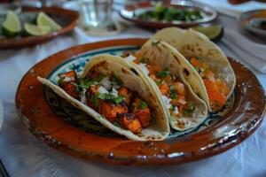 AI generated Mexican tacos with beef, tomatoes, onions and others on white background photo