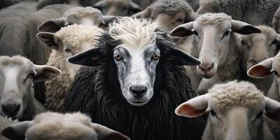 AI generated A black sheep among a flock of white sheep, raising head as a leader. Concept of standing out from photo