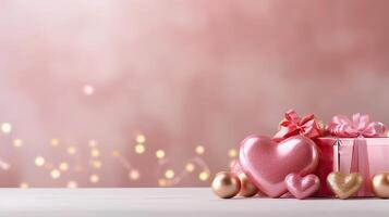 AI generated Gift box with ribbons and hearts on pastel background with blurry gold pink confetti, concept of photo