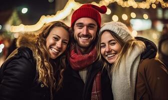 AI generated A happy group of people standing at a Christmas market, Christmas party, Friends Having fun together photo