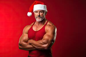 ai generado muscular cuerpo constructor padre Papa Noel claus en rojo antecedentes demostración su músculos. Navidad Días festivos foto