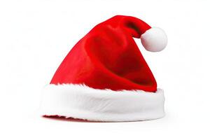 ai generado un festivo rojo Papa Noel sombrero con un blanco pompón, Navidad, vacaciones, aislado, blanco antecedentes foto