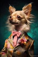 ai generado perro chihuahua vestido en un elegante moderno traje con un bonito atar. Moda retrato de un foto