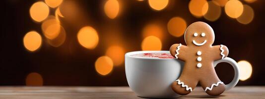 AI generated Gingerbread man cookie in a cup of hot chocolate or Mug cocoa, christmas bokeh lights, xmas food, photo